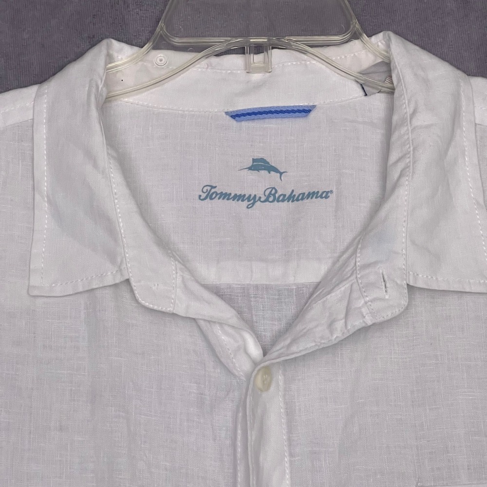 Tommy Bahama Linen Shirt Mens XL White Good Long Sleeve Button Down Marlin Logo